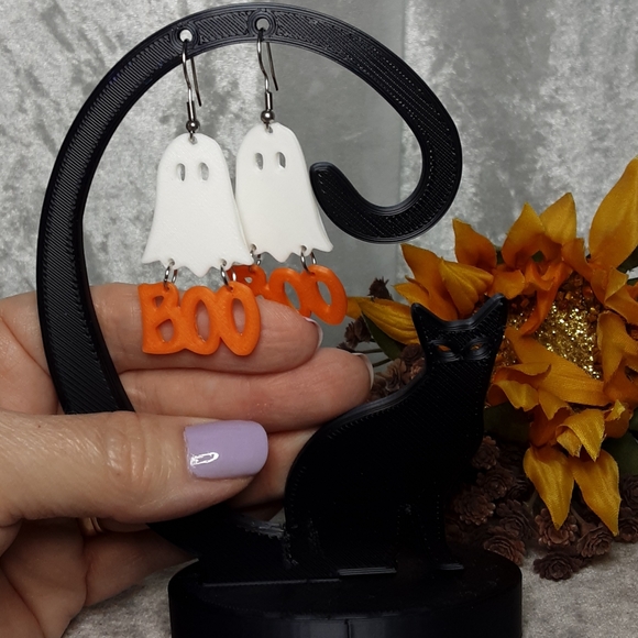 Handmade 3D Printed Ghost Boo Earrings Halloween White Orange - Picture 5 of 5